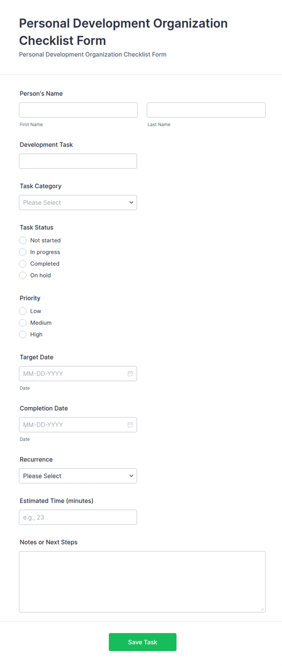 Personal Development Organization Checklist Form Template | Jotform
