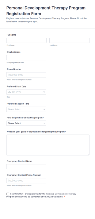 Personal Development Therapy Program Registration Form Template