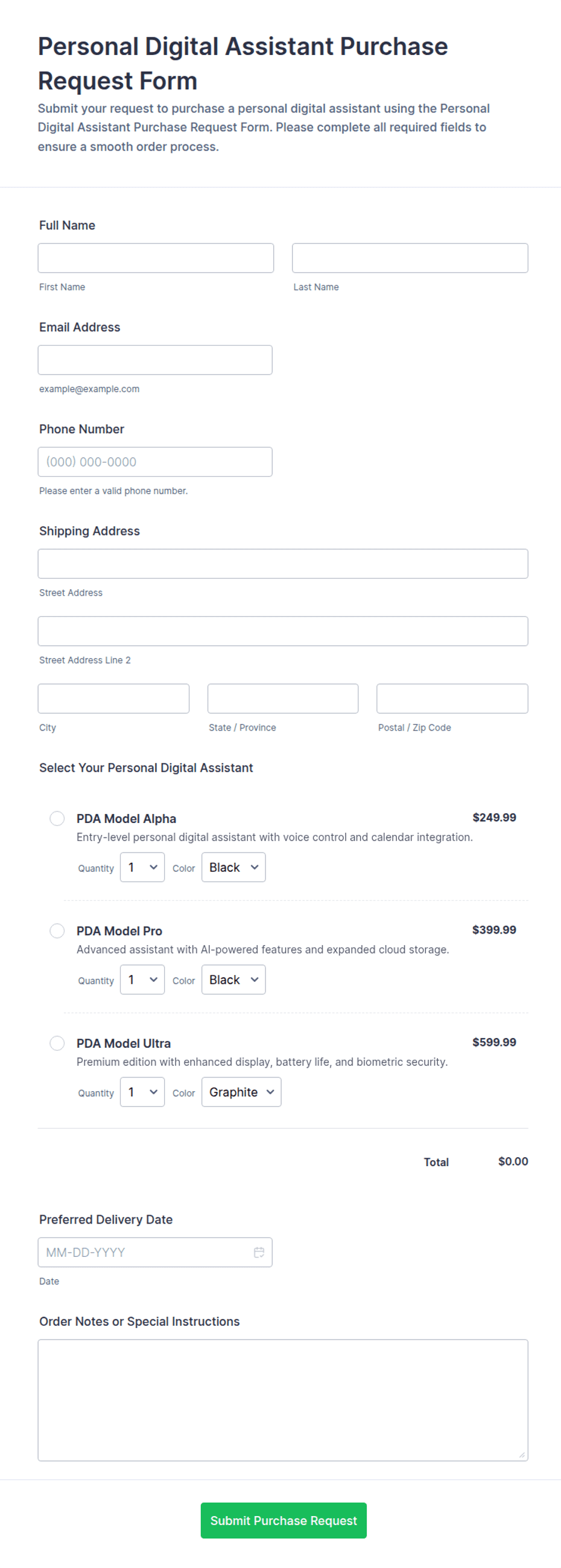 Personal Digital Assistant Purchase Request Form Template | Jotform