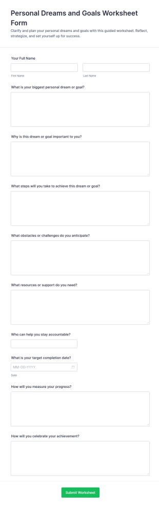 Personal Dreams And Goals Worksheet Form Template
