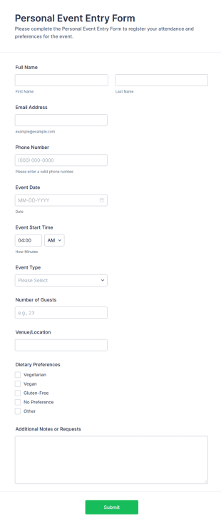 Personal Event Entry Form Template