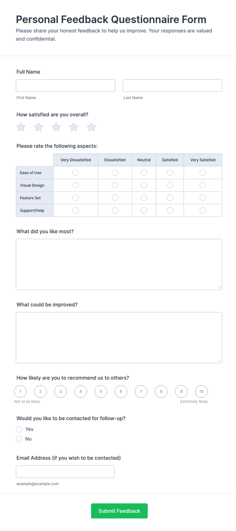 Personal Feedback Questionnaire Form Template | Jotform