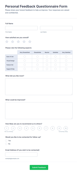 Personal Feedback Questionnaire Form Template