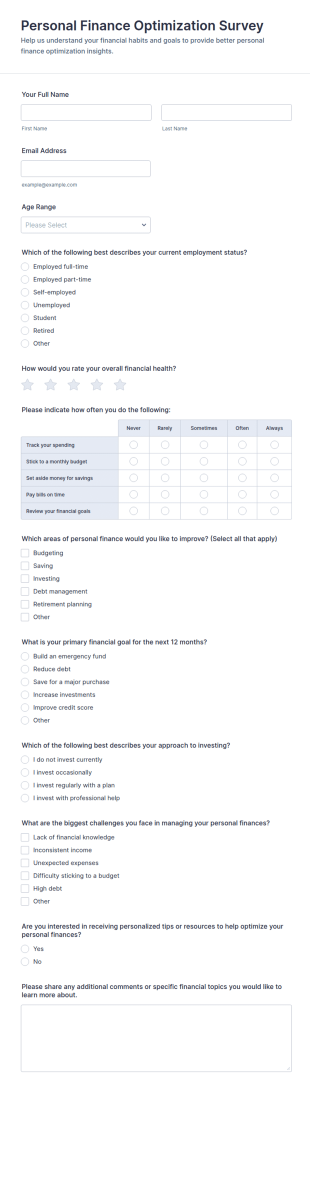 Personal Finance Optimization Survey Form Template