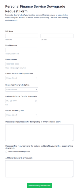 Personal Finance Service Downgrade Request Form Template