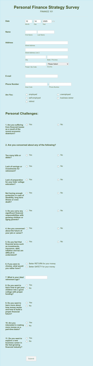 Personal Finance Strategy Survey Form Template