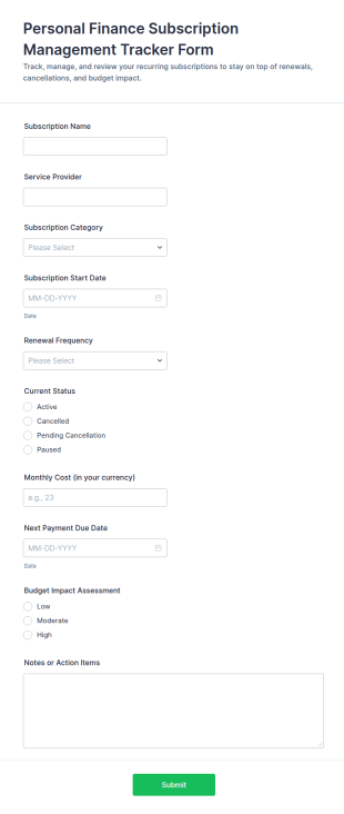 Personal Finance Subscription Management Tracker Form Template
