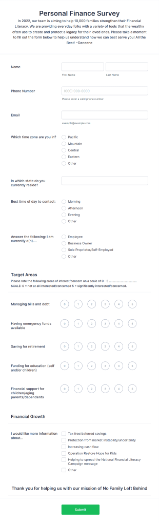 Personal Finance Survey Form Template
