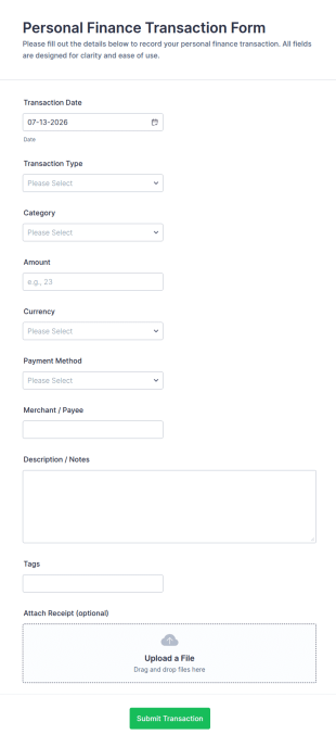 Personal Finance Transaction Form Template