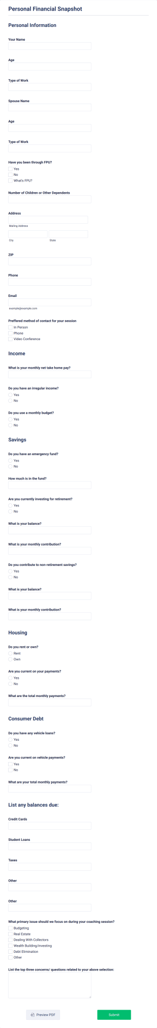 Personal Financial Snapshot PDF Form Template