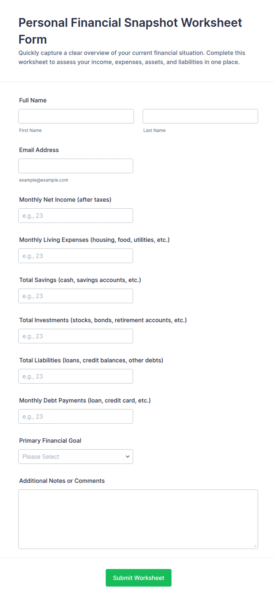 Personal Financial Snapshot Worksheet Form Template | Jotform