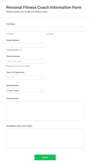 Personal Fitness Coach Information Form Form Template