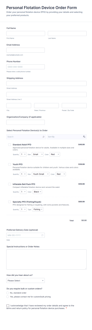 Personal Flotation Device Order Form Template