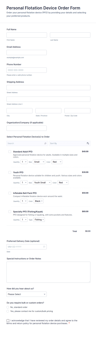 Personal Flotation Device Order Form Template