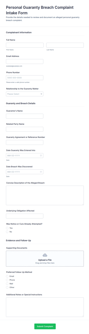Personal Guaranty Breach Complaint Form Template