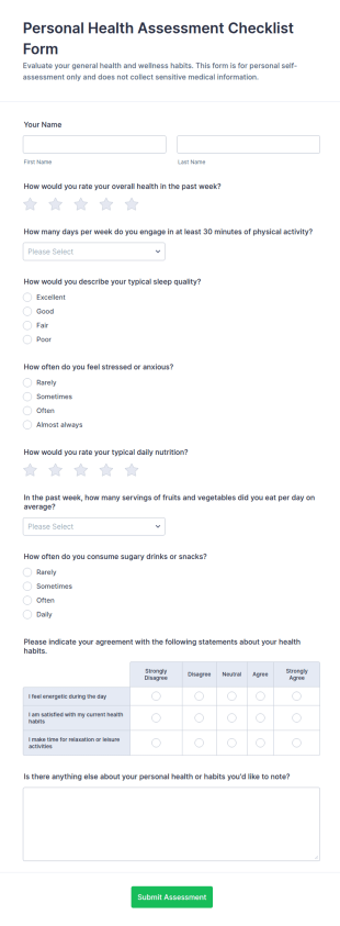 Personal Health Assessment Checklist Form Template