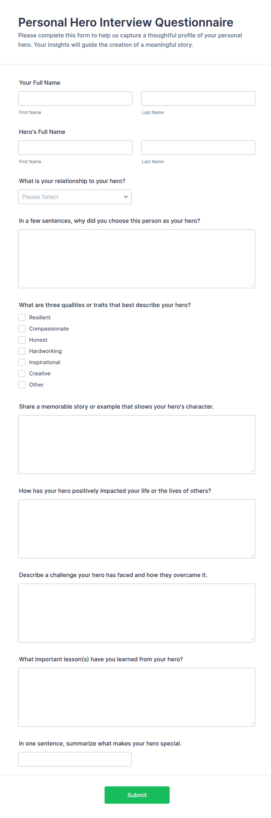 Personal Hero Interview Questionnaire Form Template | Jotform