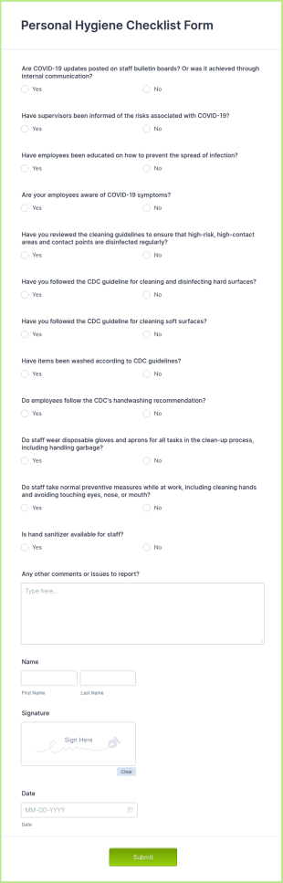 Personal Hygiene Checklist Form Template