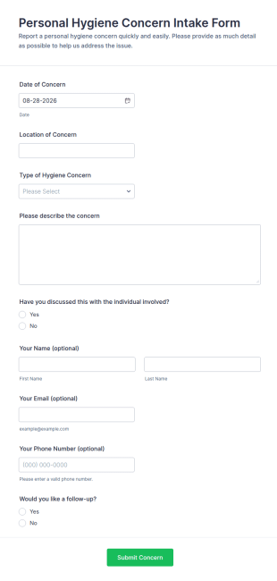 Personal Hygiene Concern Intake Form Template