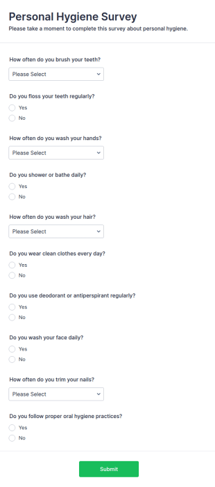 Personal Hygiene Survey Form Template