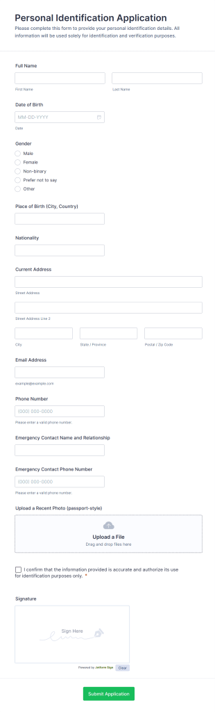 Personal Identification Application Form Template