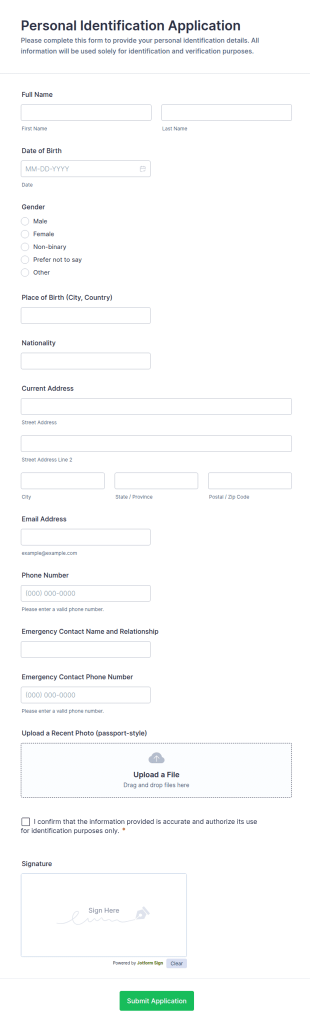 Personal Identification Application Form Template