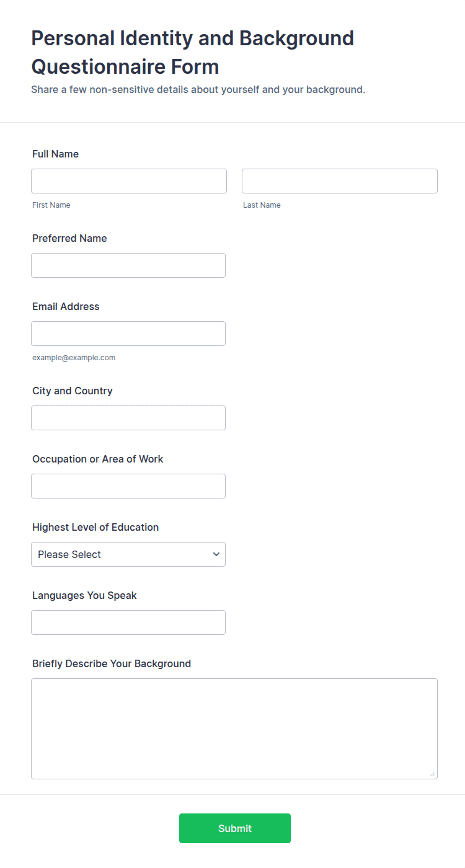 Personal Identity and Background Questionnaire Form Template | Jotform