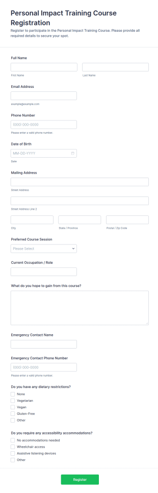 Personal Impact Training Course Registration Form Template