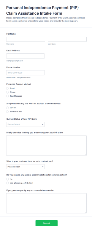 Personal Independence Payment (PIP) Claim Assistance Form Template
