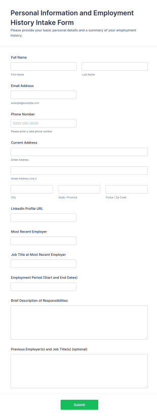 Personal Information And Employment History Intake Form Template