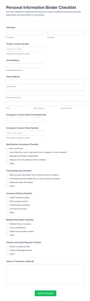 Personal Information Binder Checklist Form Template
