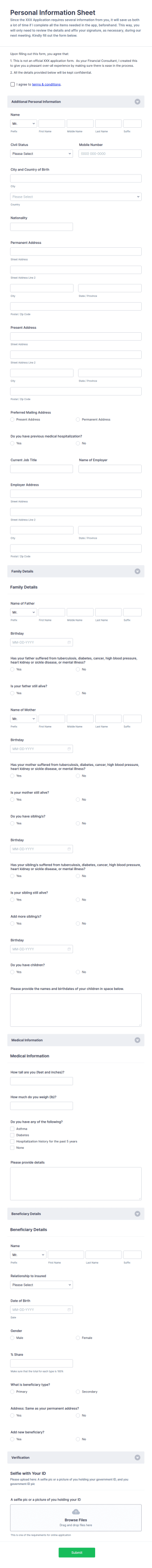 Personal Information Sheet Form Template
