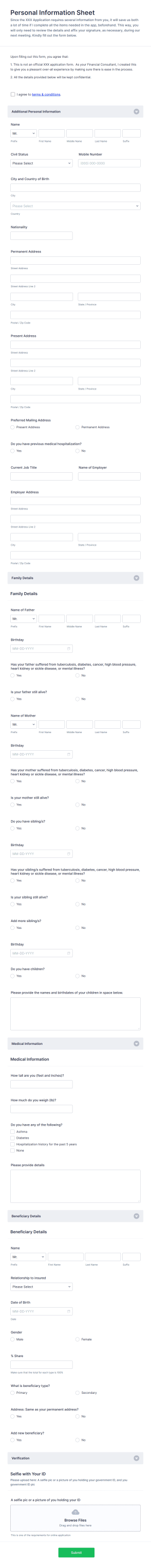 Personal Information Sheet Form Template