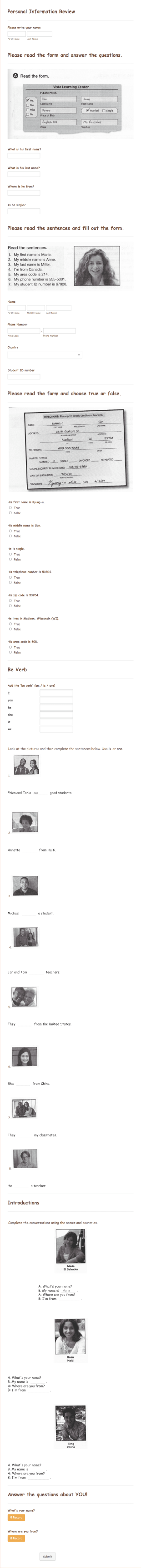 Personal Information Vocabulary Quiz Form Template