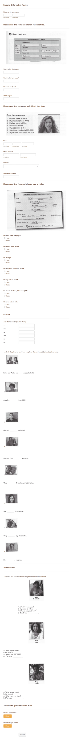 Personal Information Vocabulary Quiz Form Template