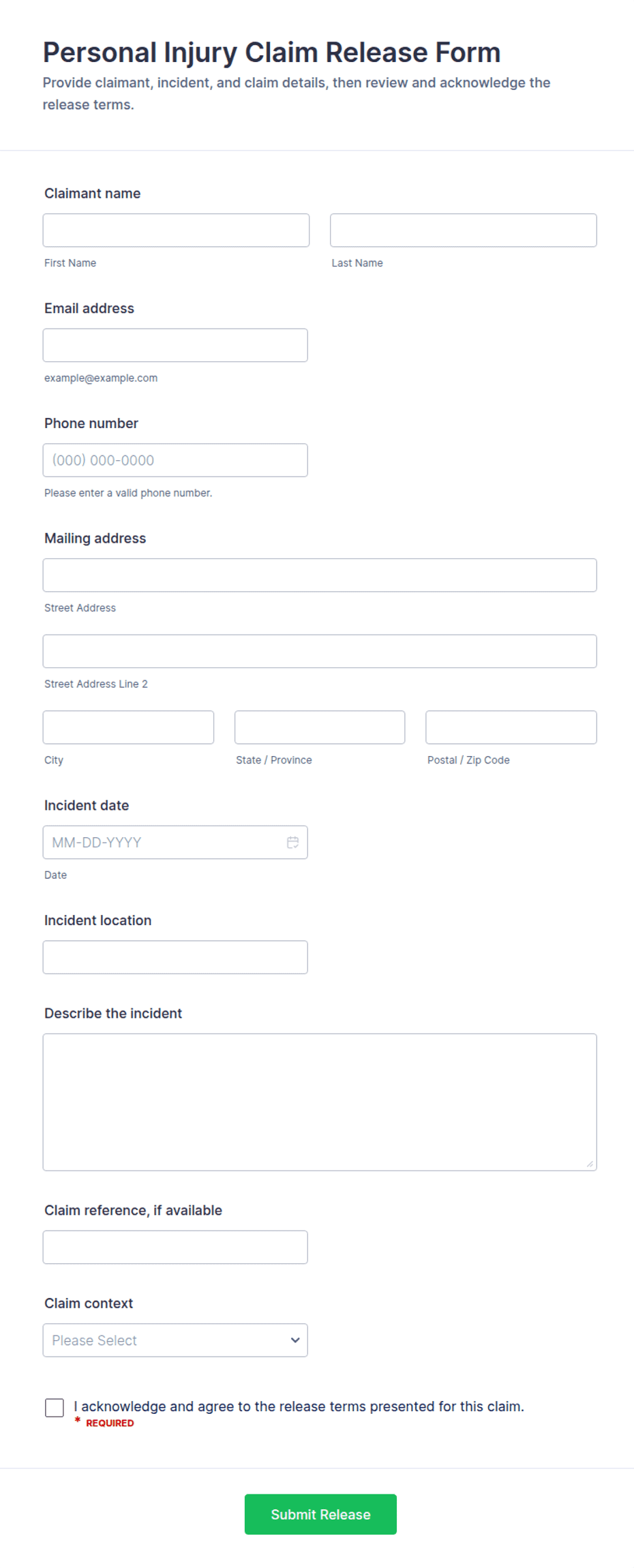 Personal Injury Claim Release Form Template | Jotform