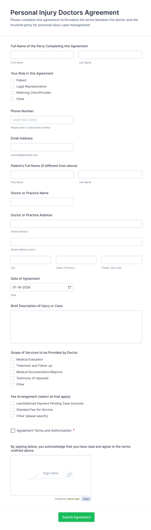 Personal Injury Doctors Agreement Form Template