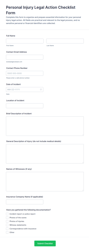 Personal Injury Legal Action Checklist Form Template