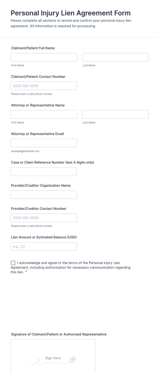 Personal Injury Lien Agreement Form Template