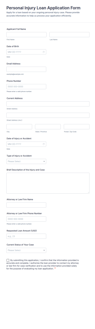 Personal Injury Loan Application Form Template