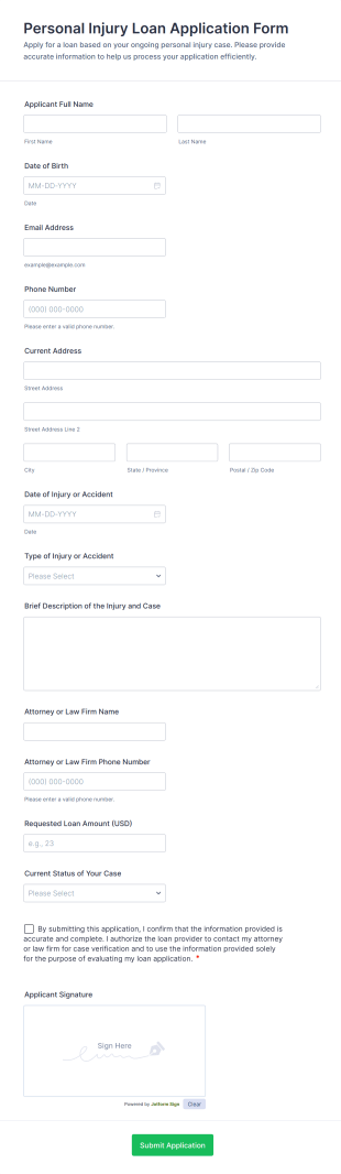 Personal Injury Loan Application Form Template