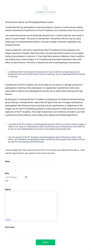 Media Release And Personal Injury Waiver Form Template