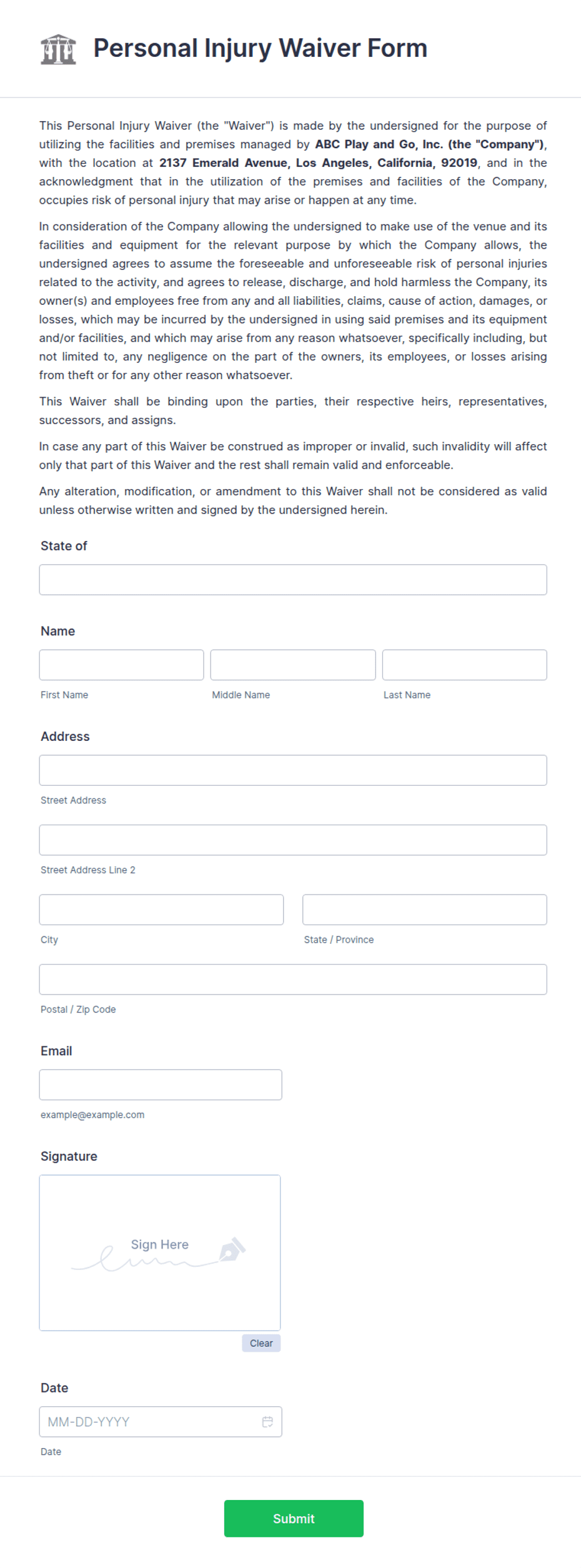 Personal Injury Waiver Form Template Jotform