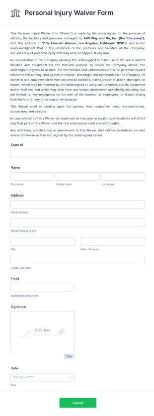 Personal Injury Waiver Form Template
