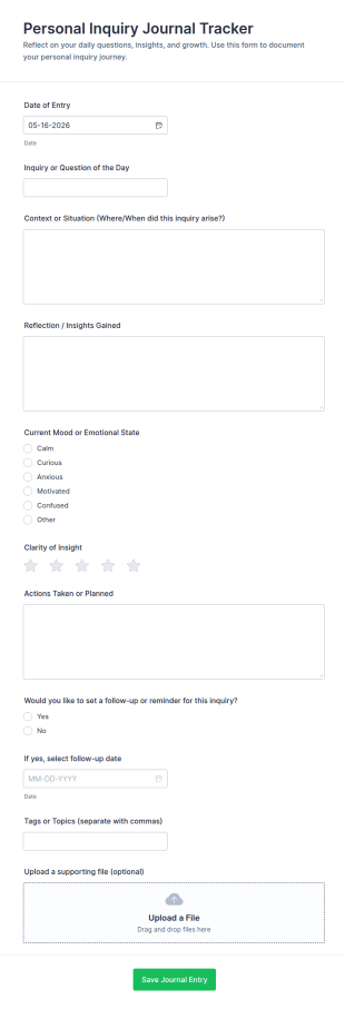 Personal Inquiry Journal Tracker Form Template