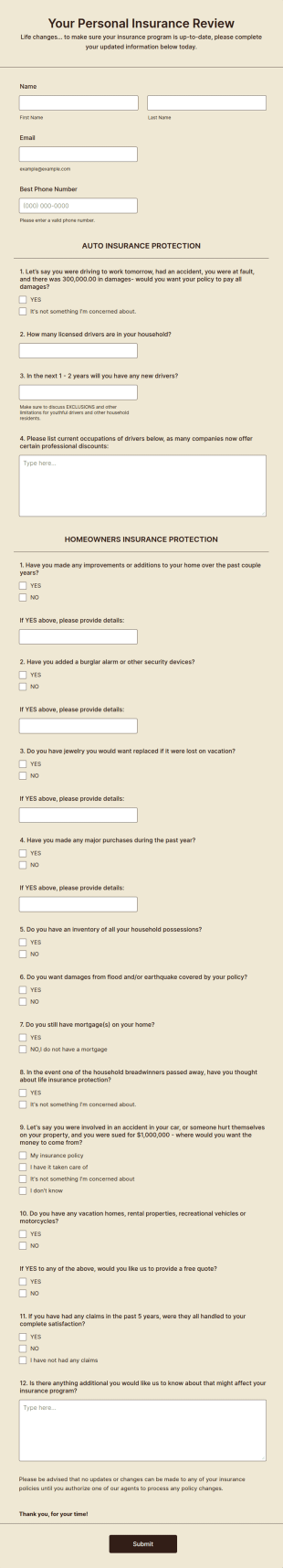 Personal Insurance Review Form Template