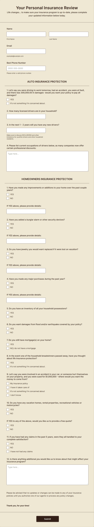 Personal Insurance Review Form Template