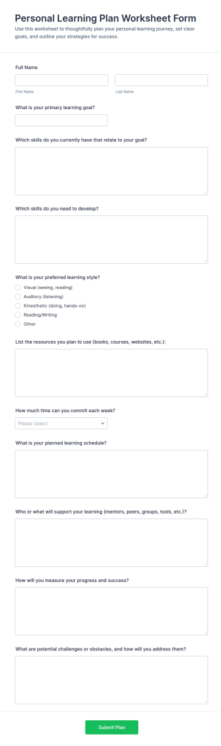 Personal Learning Plan Worksheet Form Template
