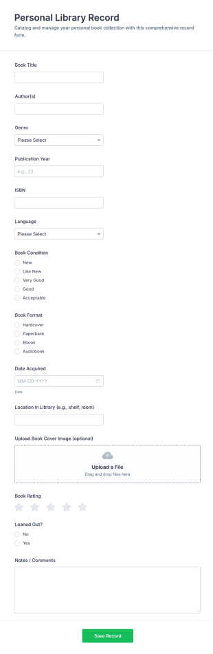 Personal Library Record Form Template