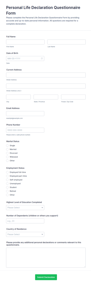 Personal Life Declaration Form Template